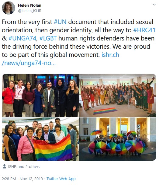 Photos of human rights defenders at the UN celebrating HRC resolutions in 2014, 2016 and 2019